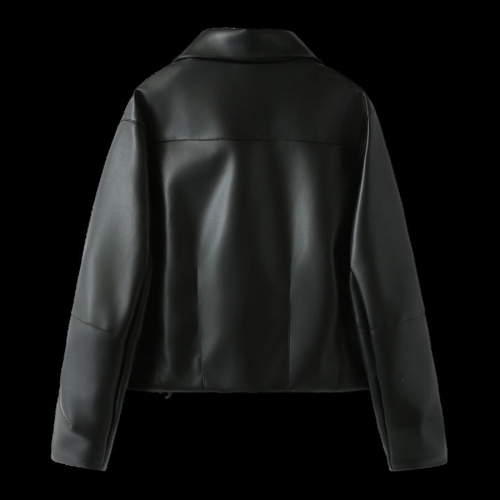 Elegant faux leather jacket for women with a modern silhouette and practical pockets Lune London