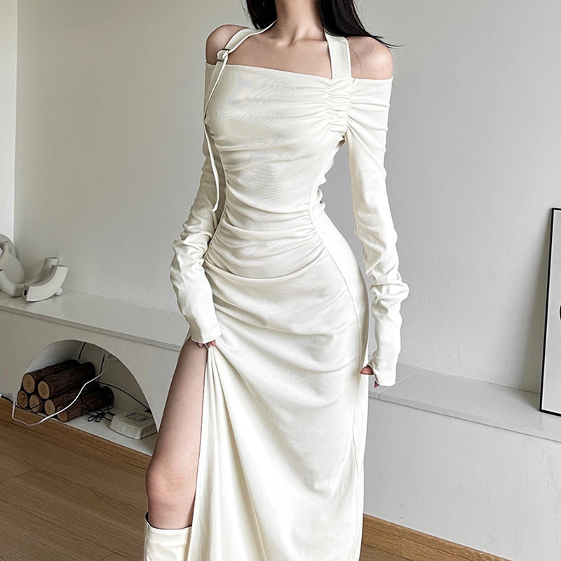Ladies Elegant Maxi Dress with Asymmetrical Shoulder Design and Chic Refined Ruffle Details