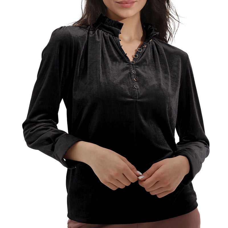 Ladies Elegant velvet top with gathered collar and button details Lune London