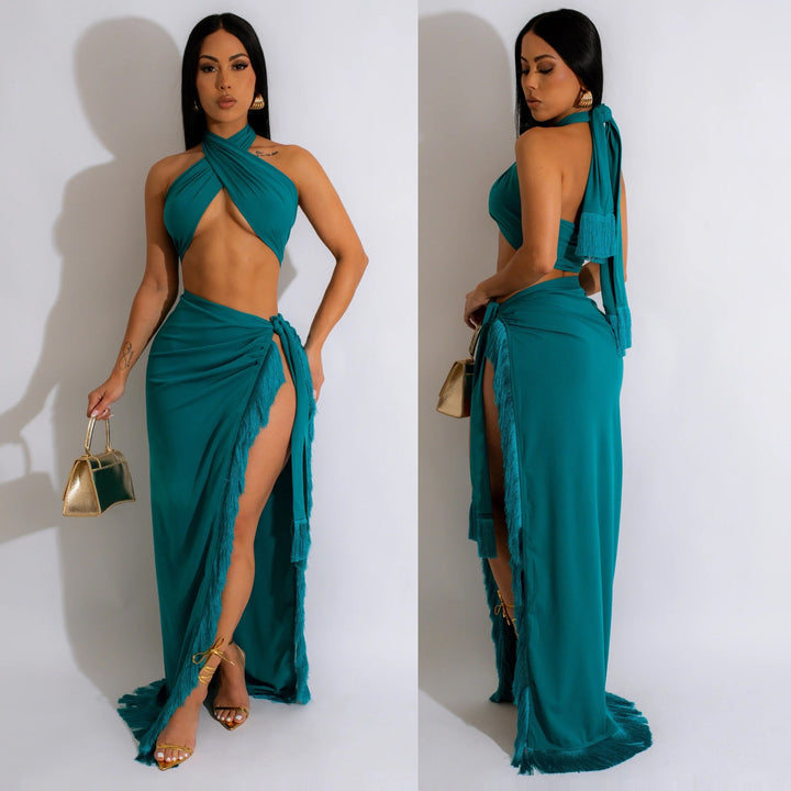Maxi dress with strapless neckline for women with high slit Lune London