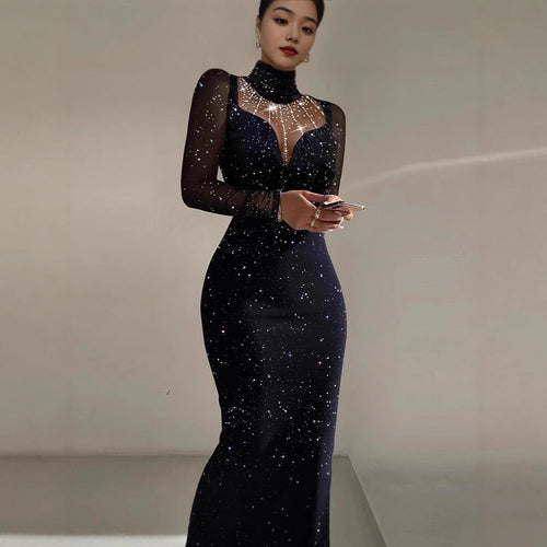 Lune London | Ladies Elegant Evening Dress with Transparent Sleeves and Shimmering Star Pattern