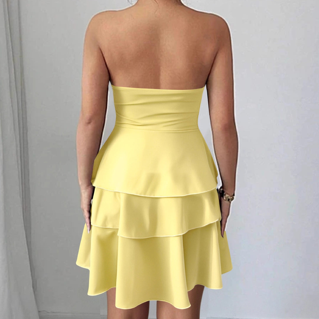 Off-the-shoulder ruffled dress for women with a flowing hem and a chic and stylish design