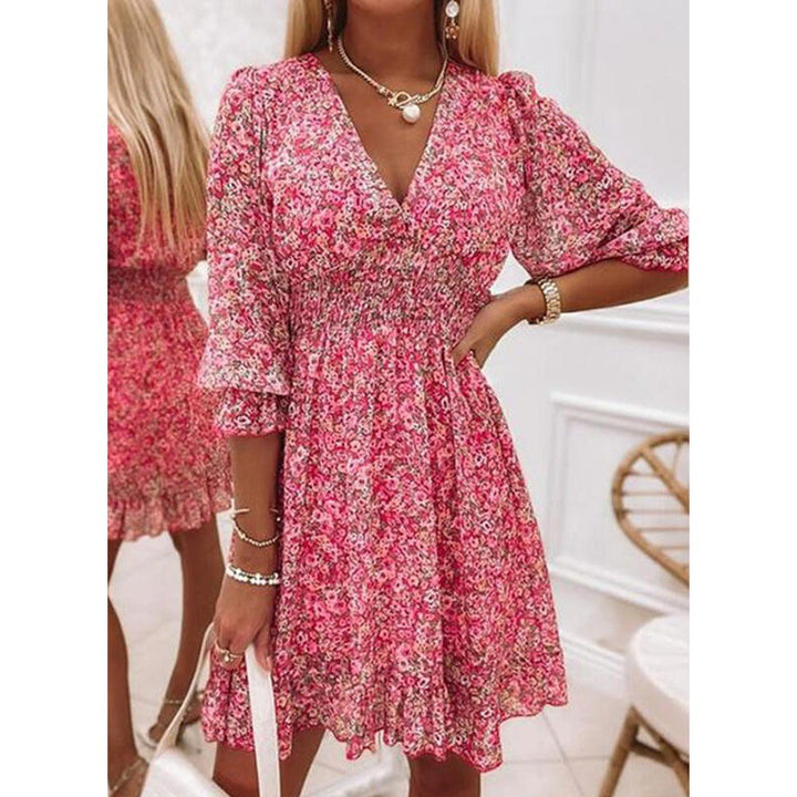 Mini floral V neck dress for women with gathered waist Lune London
