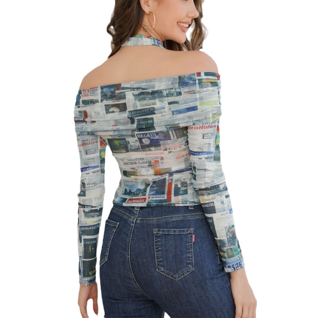 Ladies Off-Shoulder Top with creative newspaper print and fitted silhouette Lune London