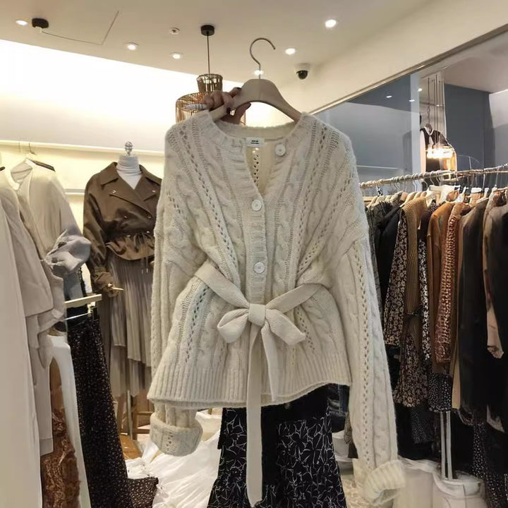 Knitted women's jacket with waist belt and embossed pattern Lune London