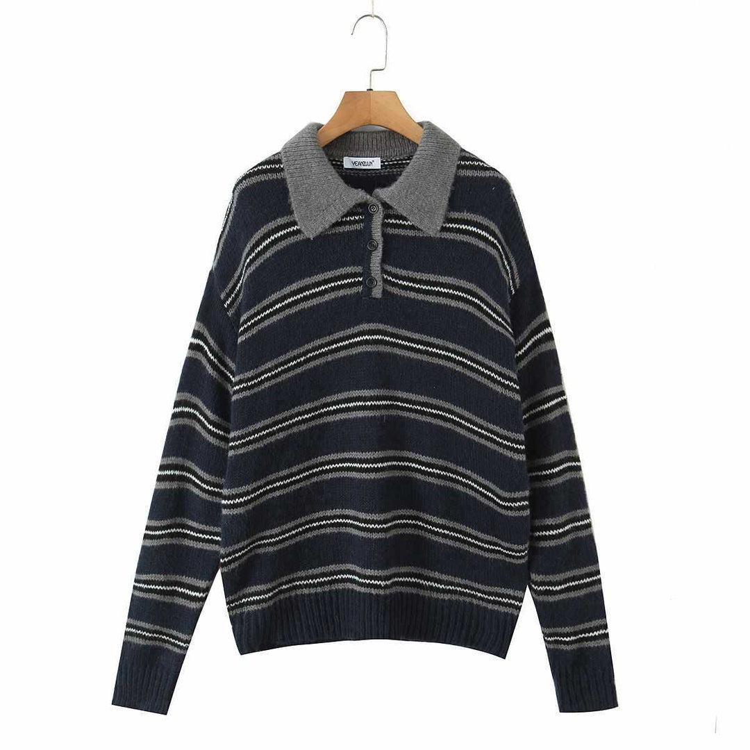 Women casual knitted sweater with polo collar and striped design Lune London