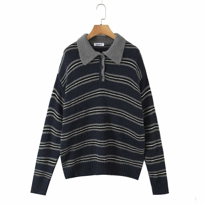Women casual knitted sweater with polo collar and striped design Lune London