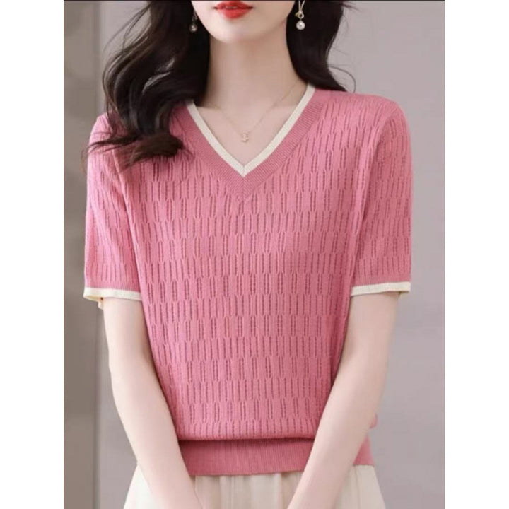 Women’s short sleeve V-neck knit top Lune London