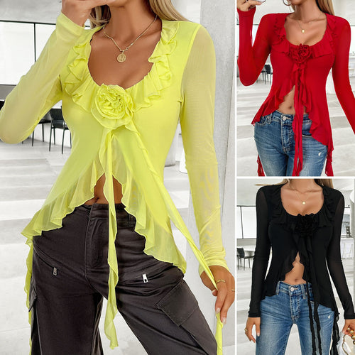 Woman attractive long-sleeve top with ruffles and floral detail Lune London