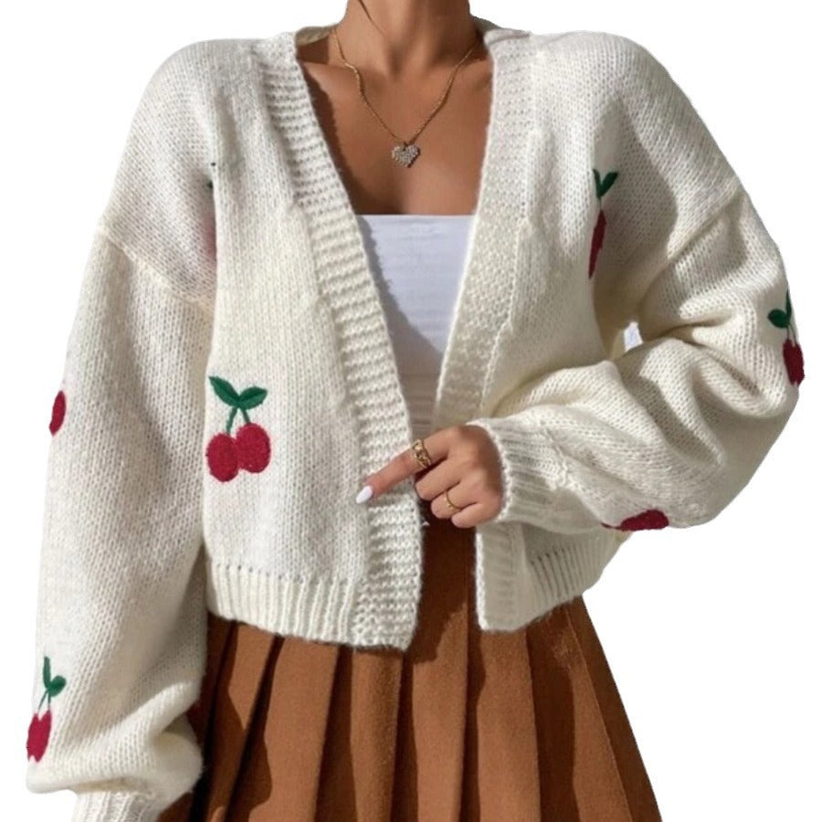 Cardigan confortable pour femmes avec motif brodé fruité et coupe ample Chic & Stil