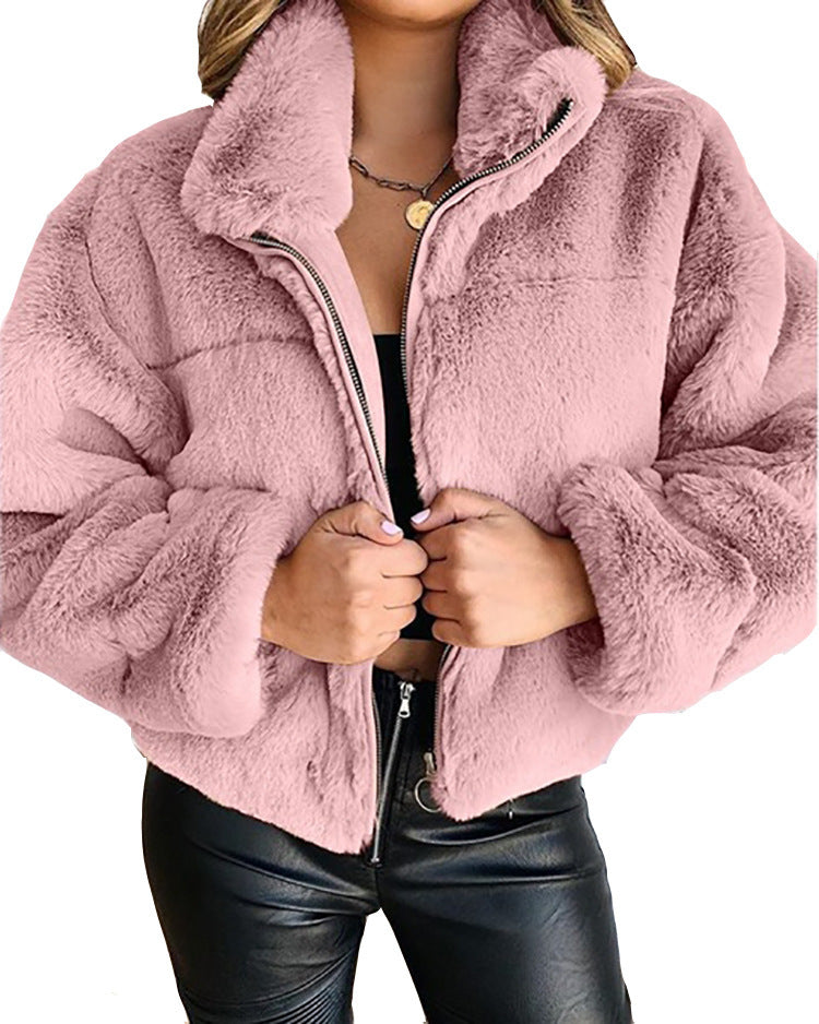 Ladies Trendy Plush Coat with High Collar Lune London