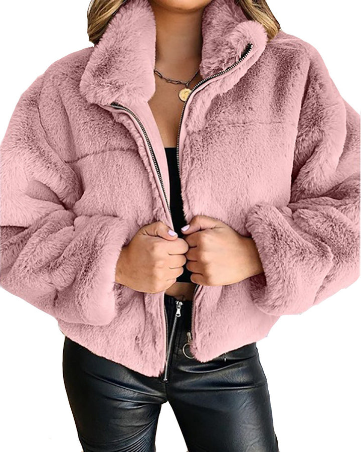 Ladies Trendy Plush Coat with High Collar Lune London