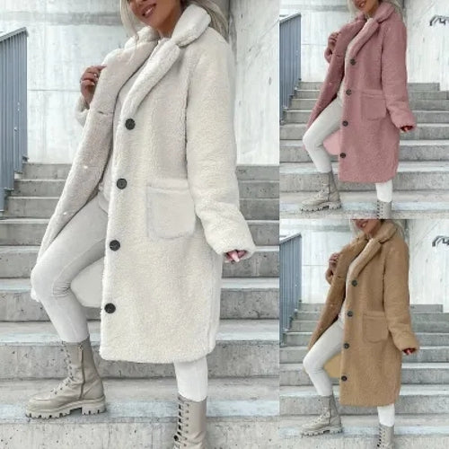 Ladies Cozy Fleece Coat with Pockets and Button Closure Lune London