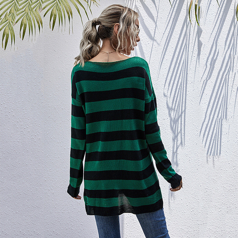 Casual sweater for women with asymmetrical neckline and striped design Lune London