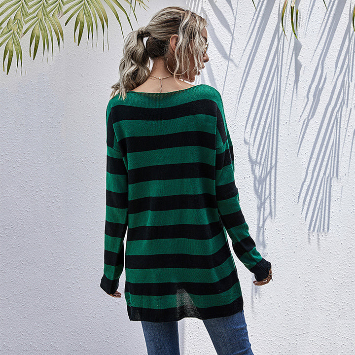 Casual sweater for women with asymmetrical neckline and striped design Lune London