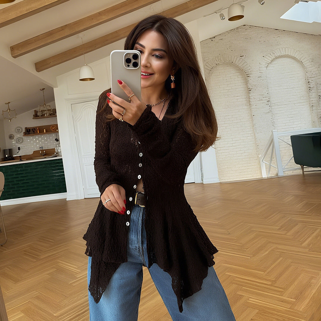 Women elegant transparent top with lace and asymmetric cut Lune London