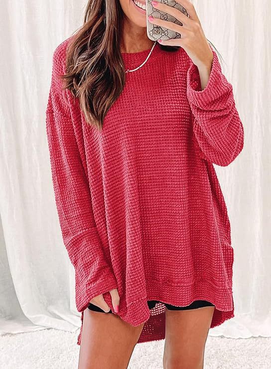 Waffle knit long sleeve sweater for women with open cut and side slits Lune London