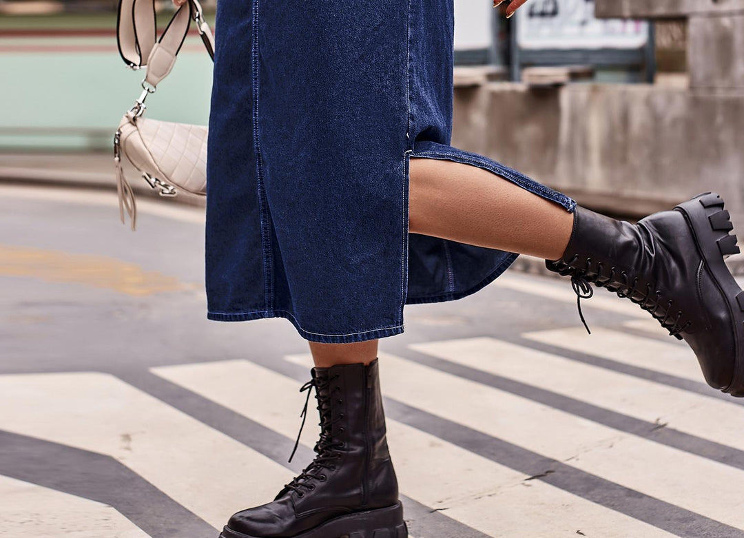 Maxi denim skirt for ladies with side slit and practical pockets Lune London