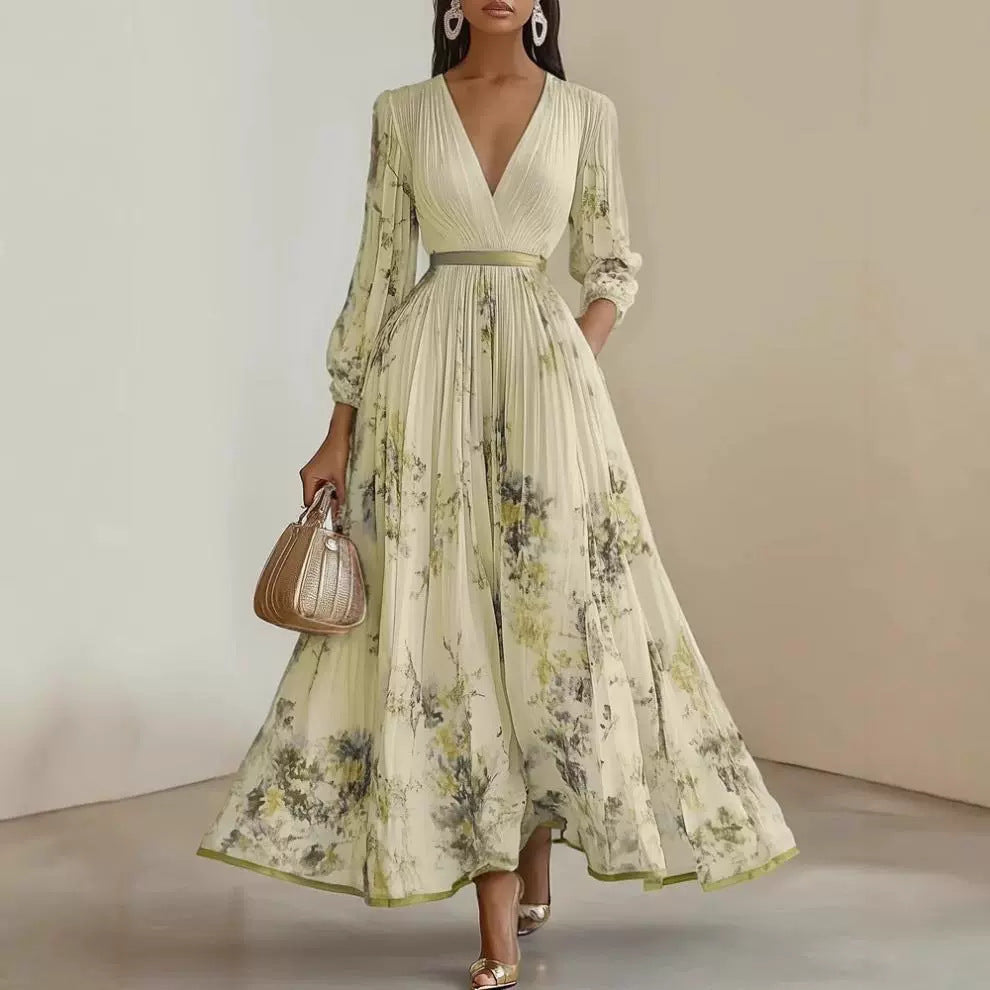 Women Magnificent Maxi Dress with Deep V-Neck and Floral Design Lune London