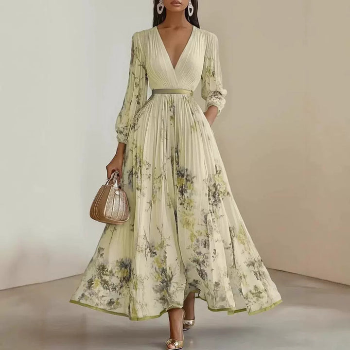 Women Magnificent Maxi Dress with Deep V-Neck and Floral Design Lune London