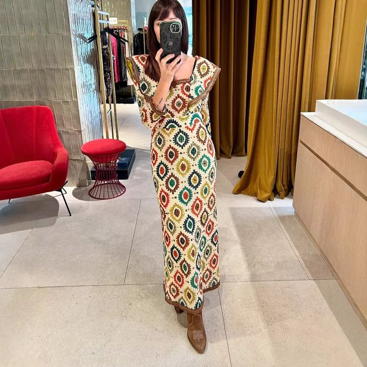 Midi dress for women with an elegant mix of patterns and a voluminous collar Lune London