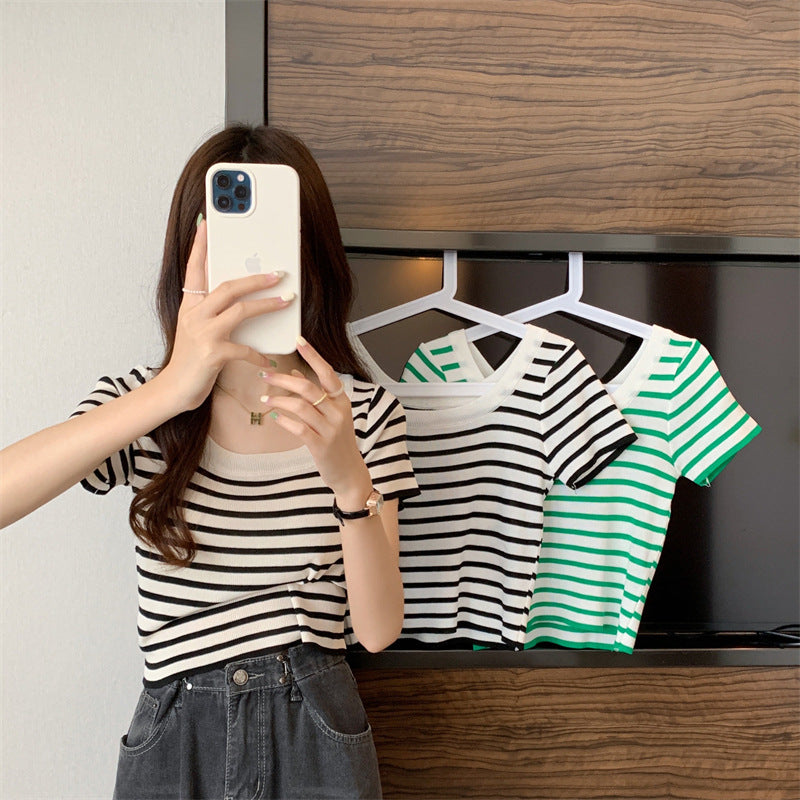 Women's cropped striped top with modern knot design and elastic hem Lune London