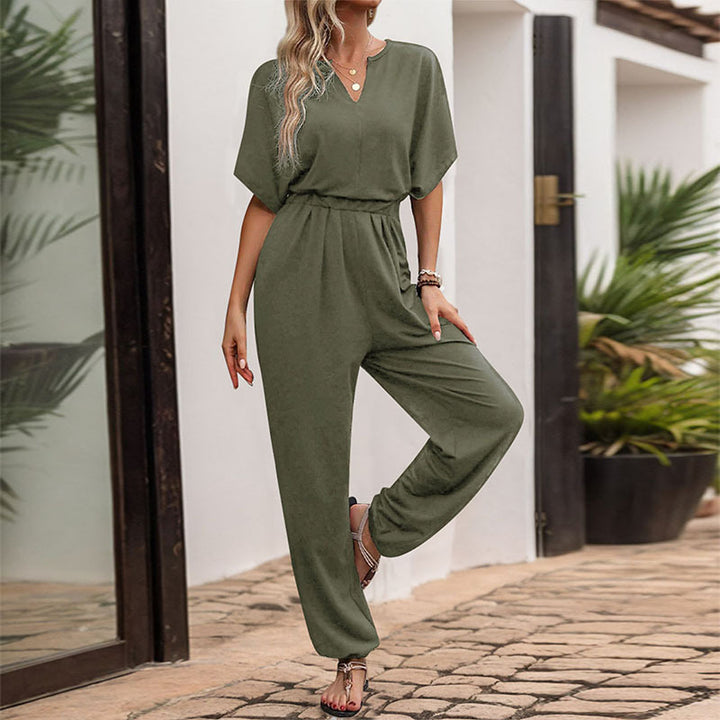 Ladies Elegant V Neck Jumpsuit with Elastic Waist and Wide Legs Lune London
