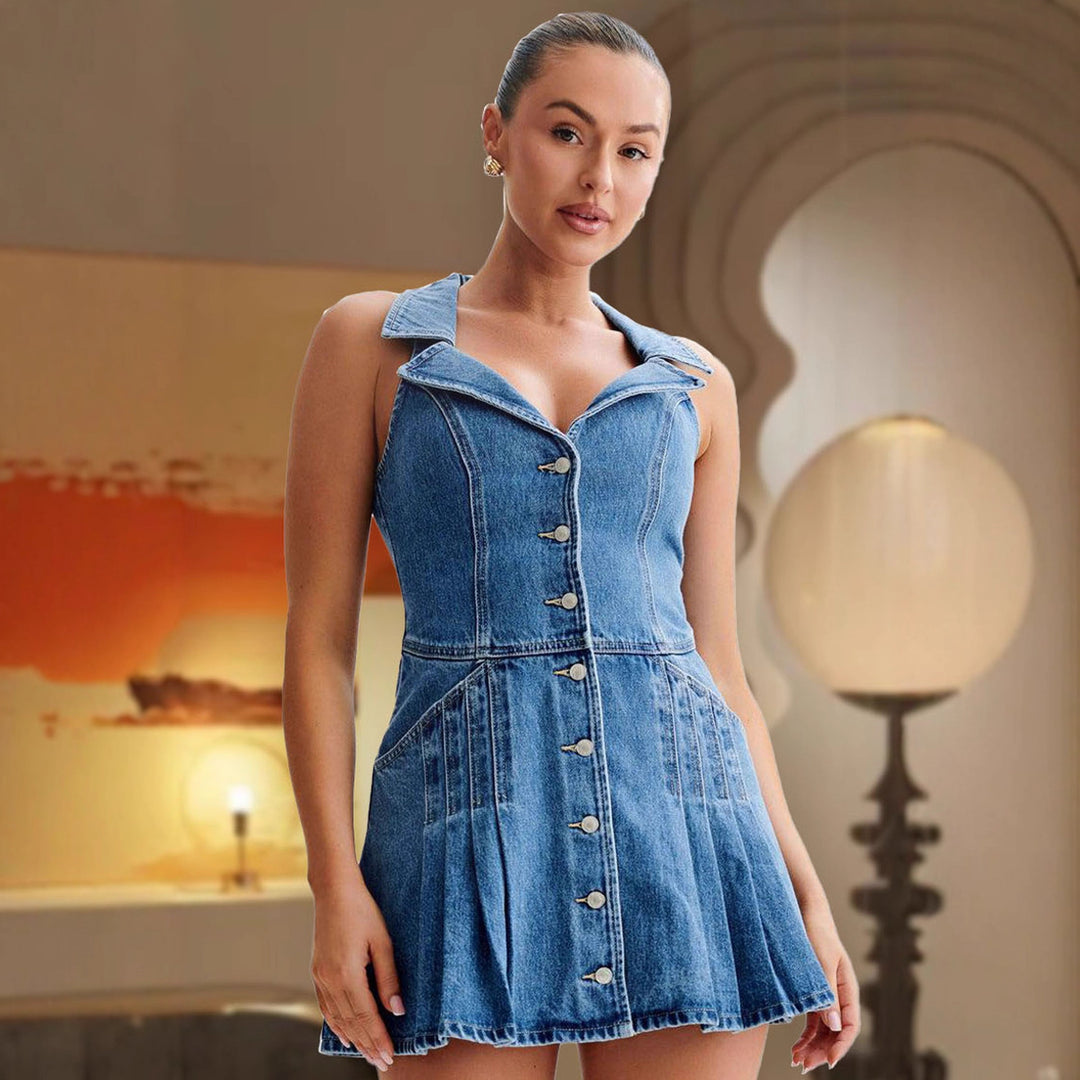 Denim shirt dress for women with fitted cut and button details Chic & Stil