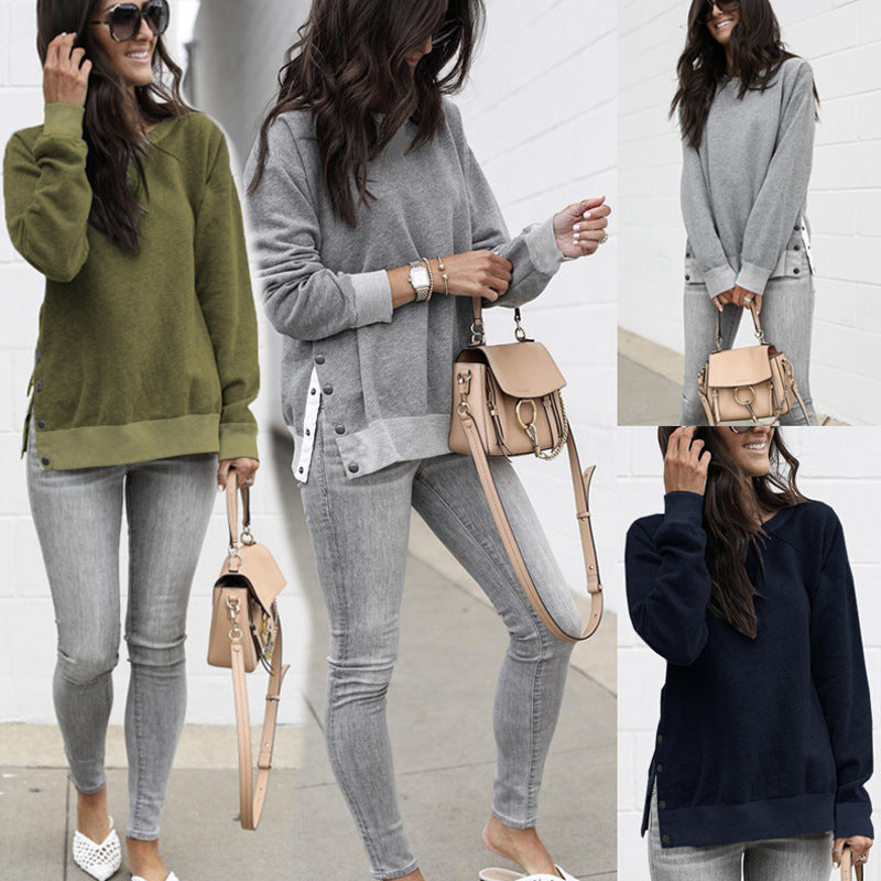 Ladies Comfortable Sweatshirt with Button Details and Side Slits Lune London