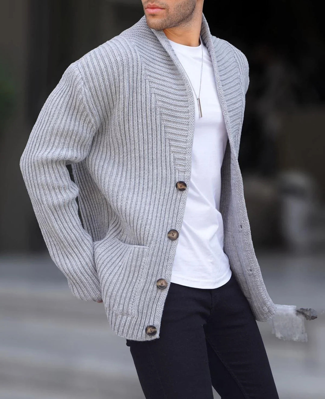 Knit jacket for men with plunging neckline and buttons Lune London