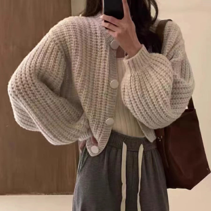 Chunky knit cardigan for women with voluminous sleeves and large buttons Lune London