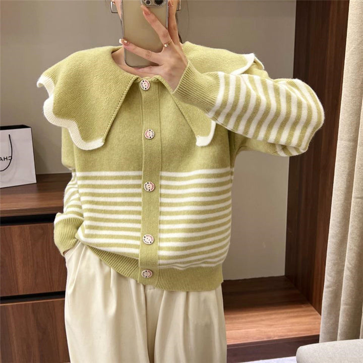 Knitted jacket for women with a large ruffled collar and contrasting stripes Lune London