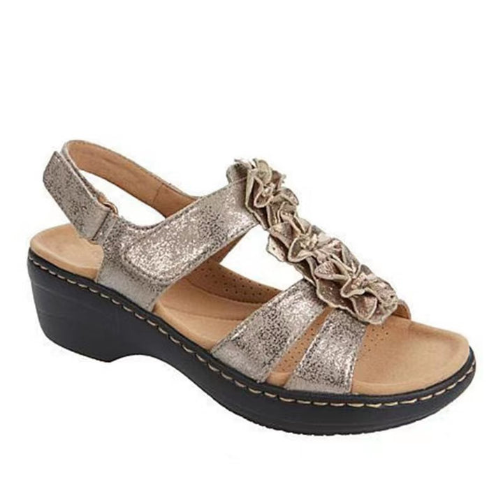 Comfortable wedge heeled sandals for ladies with delicate ruffle details Lune London