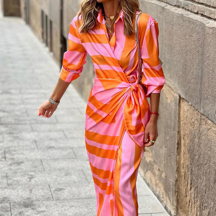 Midi dress for women with an elegant draped design and a structured pattern Lune London