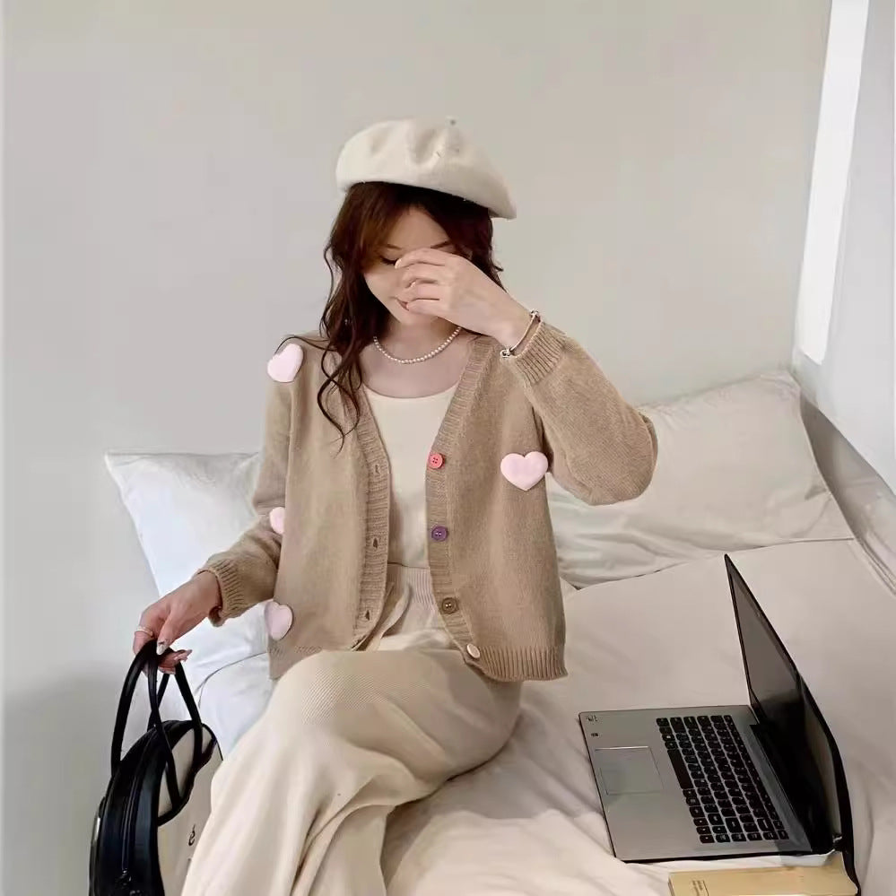Women Comfortable Knit Jacket with Hearts and Colorful Button Details Lune London