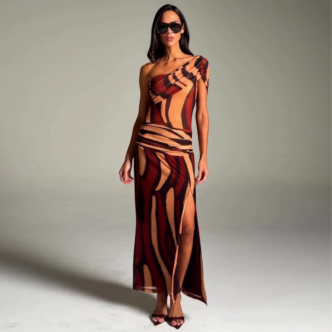 Women's maxi dress with asymmetric cut and exciting graphic design