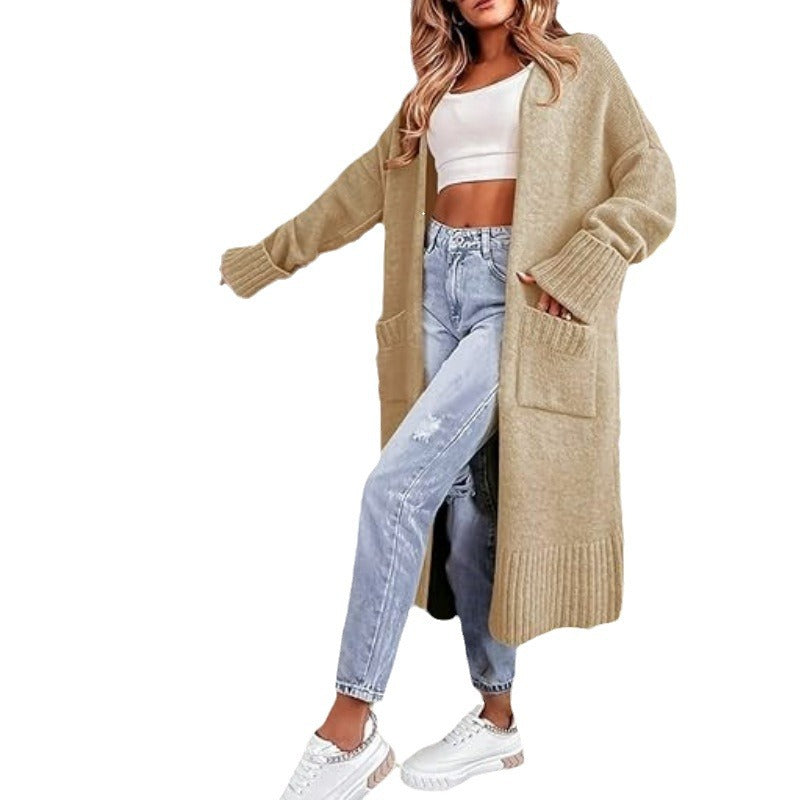 Ladies Long Knit Cardigan with ribbed sleeves and practical pockets Lune London