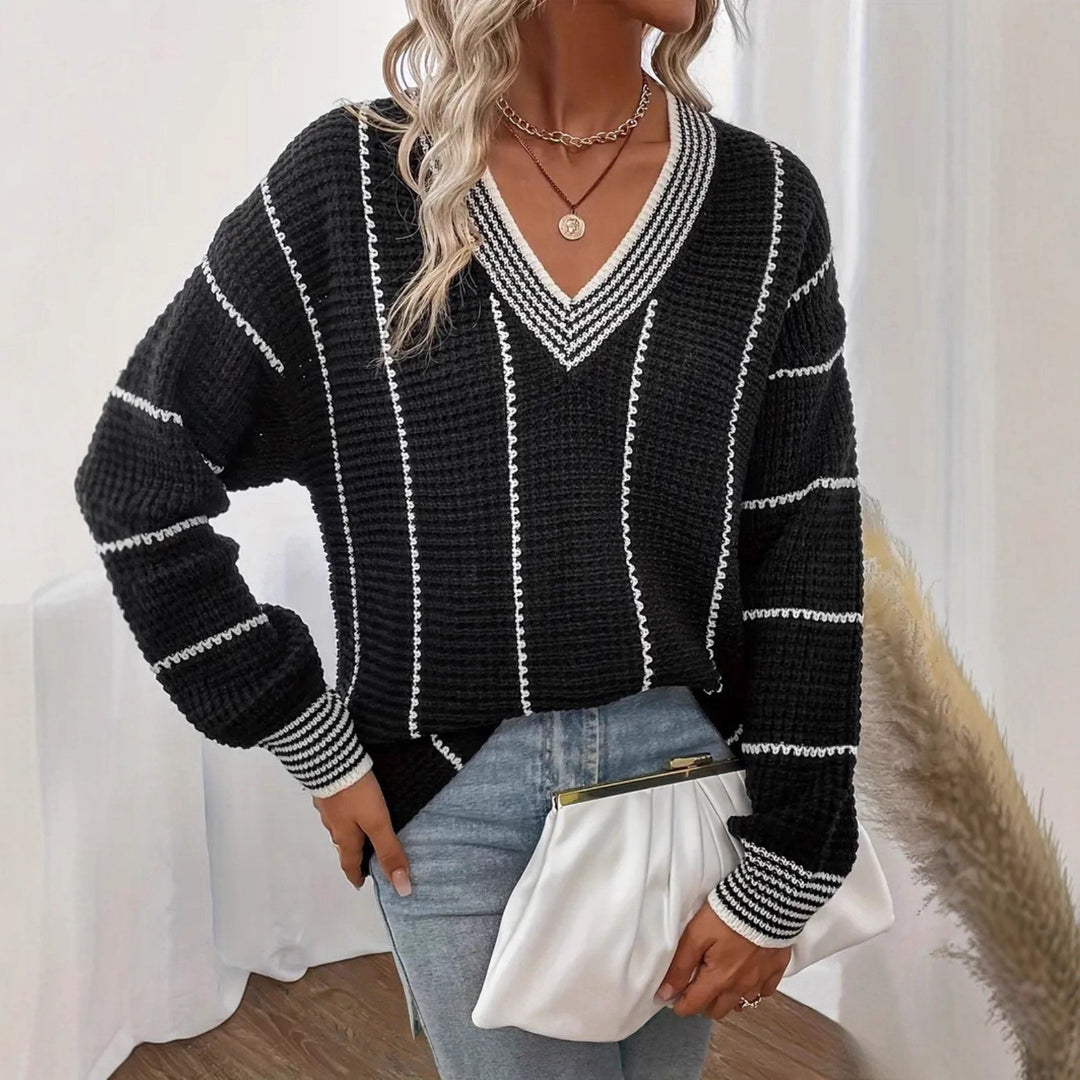 Casual sweater for women with V-neck and stripes Lune London