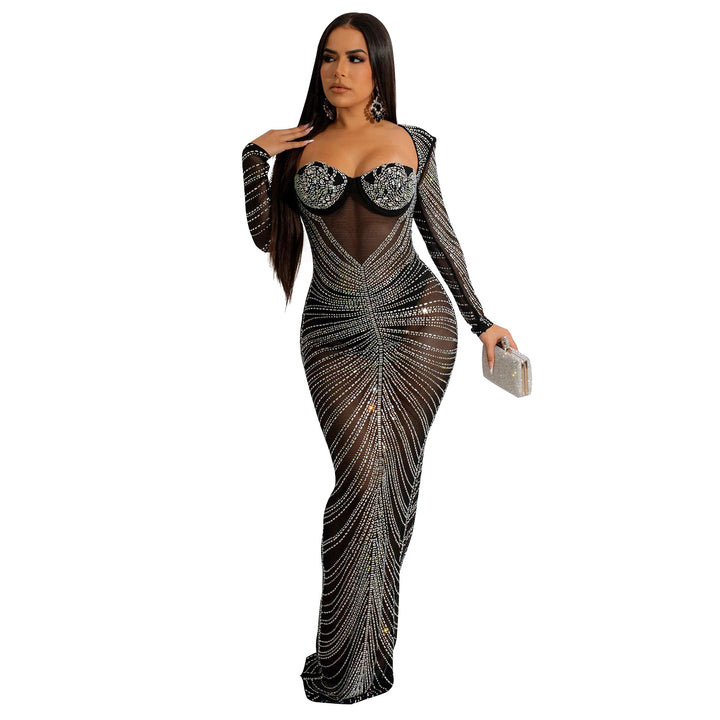 Elegant evening dress in transparent rhinestones for women Lune London