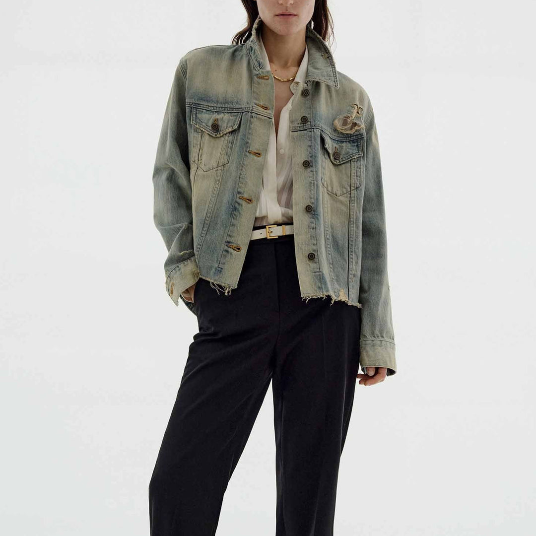 Women's fashionable denim jacket in vintage style with casual cut and frayed details Lune London