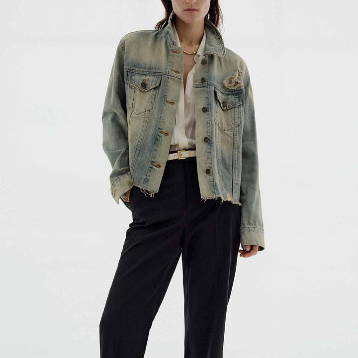 Women's fashionable denim jacket in vintage style with casual cut and frayed details Lune London
