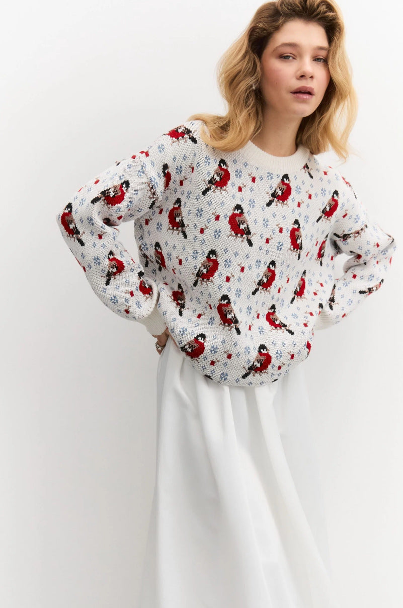 Dames Pull Confortable avec Motif Festif de Petits Oiseaux Chic & Stil