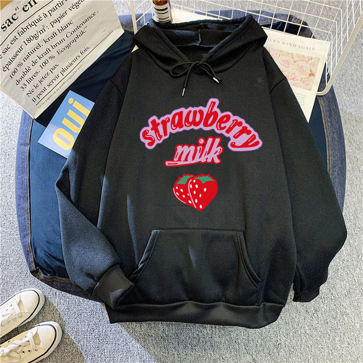 Ladies hooded sweatshirt with cheerful strawberry milk design Chic & Stil