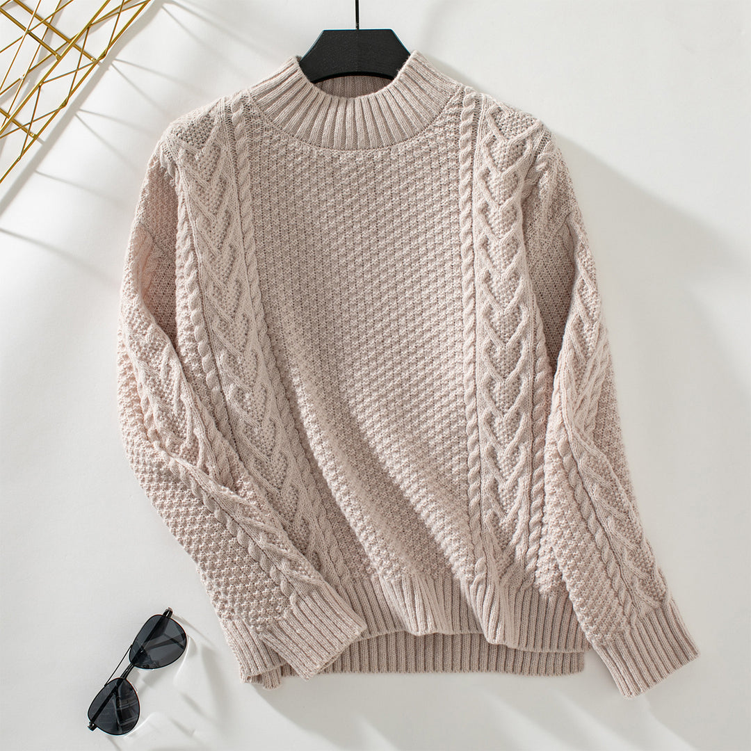Lune London Women's knitted sweater with a striking cable pattern and a high collar