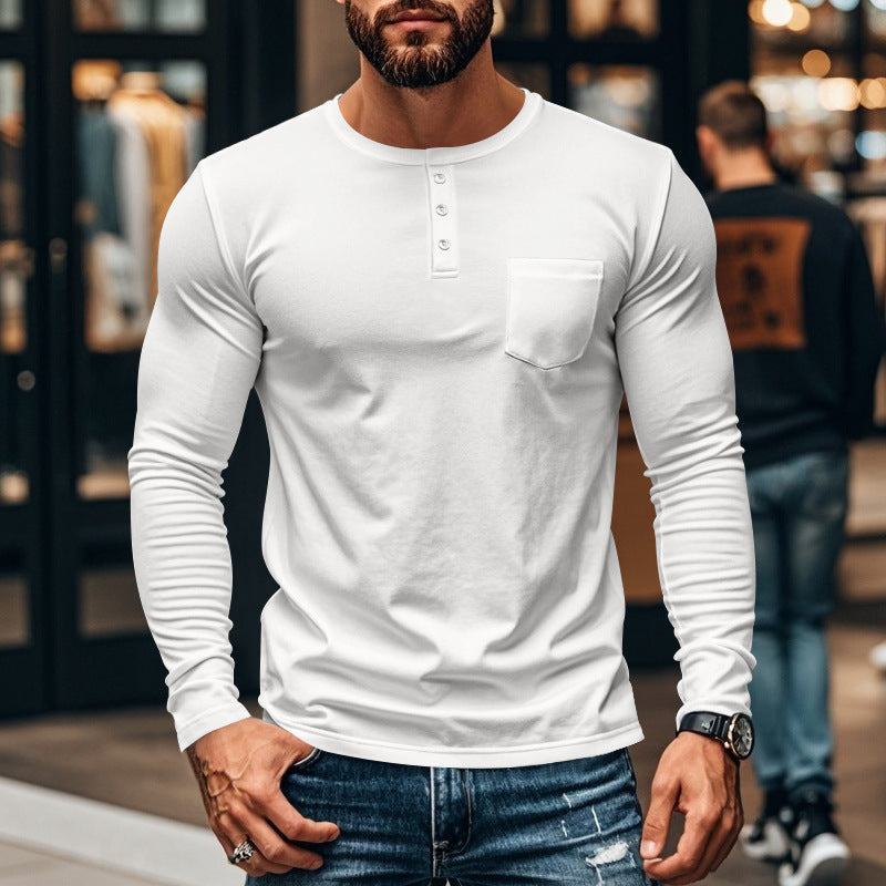 Men's long-sleeve shirt with modern Henley neckline and practical chest pocket Chic and style
