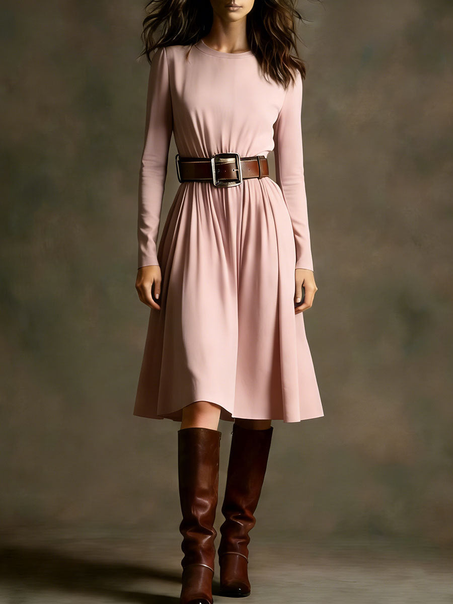 Women Elegant Dress with Long Sleeve and Waist Belt Chic & Stil