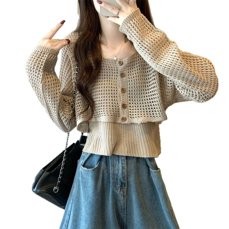 Ladies casual knit cardigan with mesh pattern and button closure Lune London