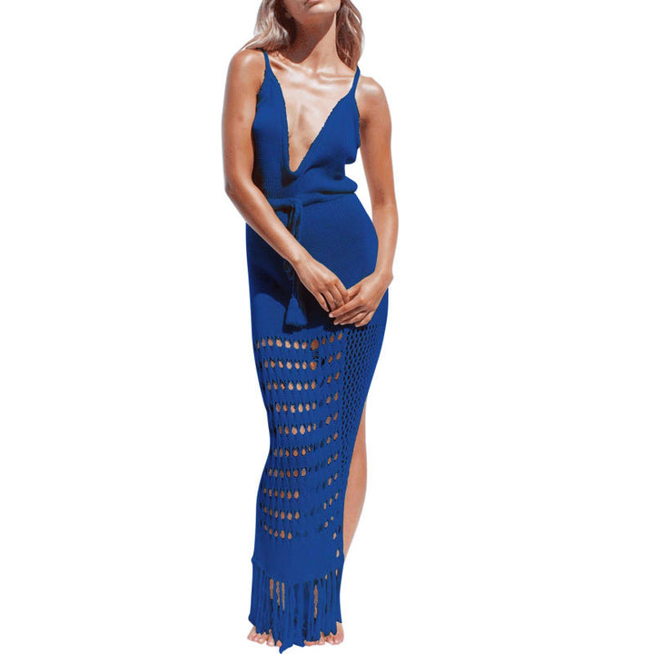 Robe en tricot pour femmes avec décolleté en V profond et franges