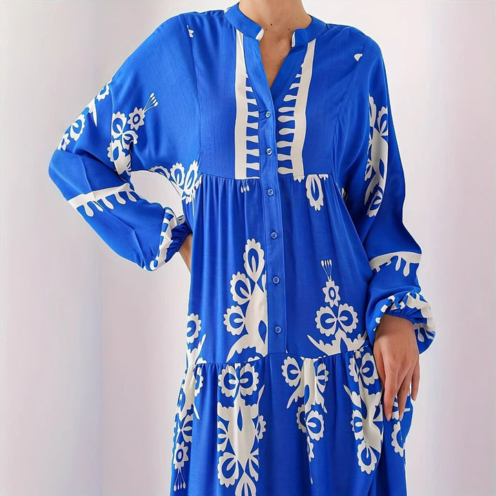 Long kaftan dress for women with floral accents and buttons Lune London