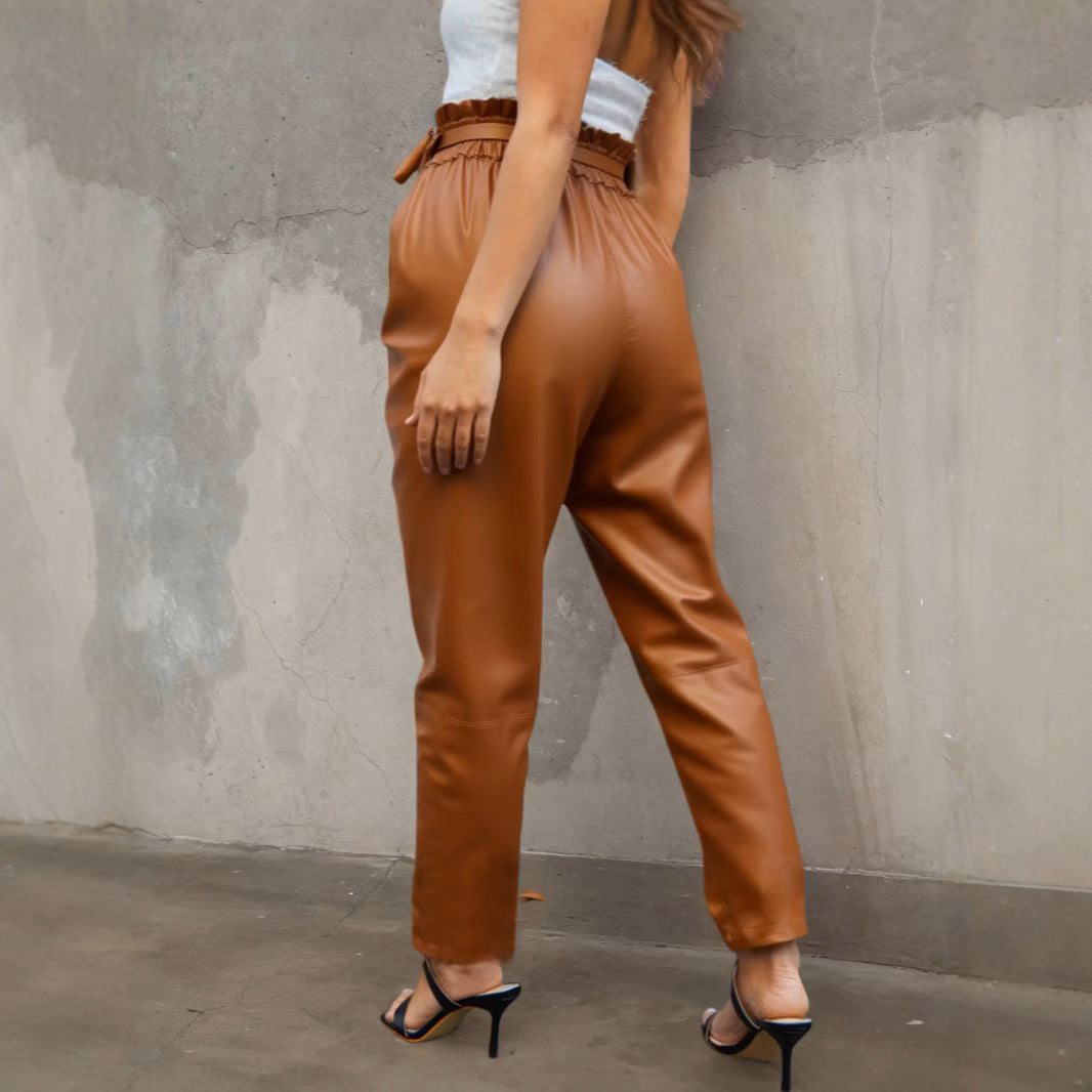 High-waisted faux leather pants for ladies with belt Lune London